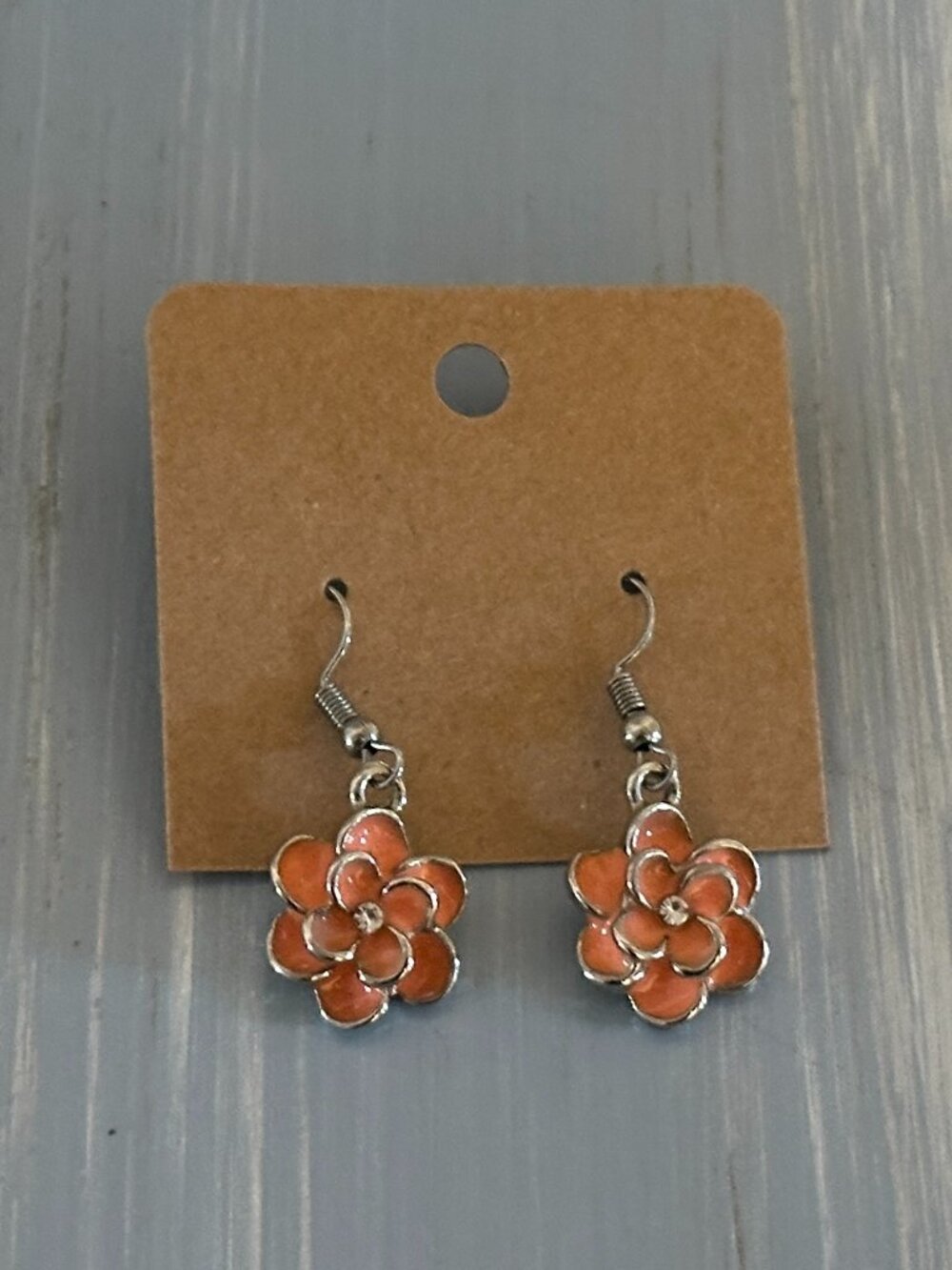 Beautiful Floral Dangle Pierced Earrings Coral Peach Enamel & Rhinestones